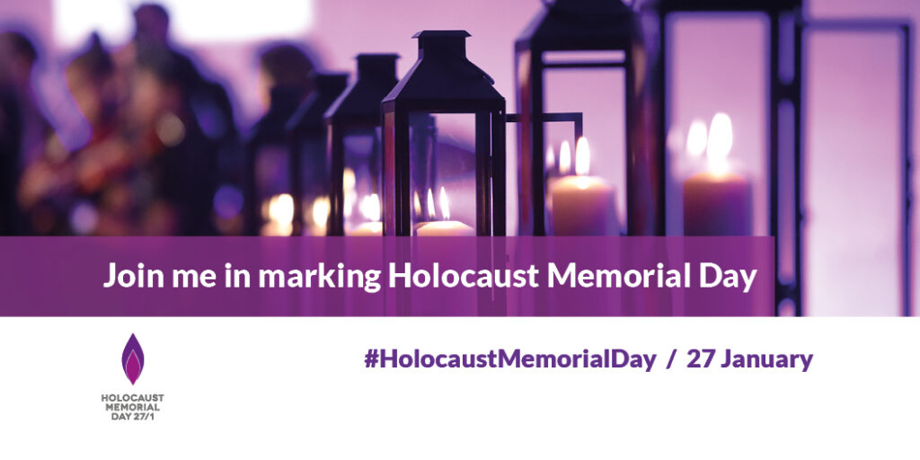 Join us in marking Holocaust Memorial Day, 27 January. Candles flicker above the text