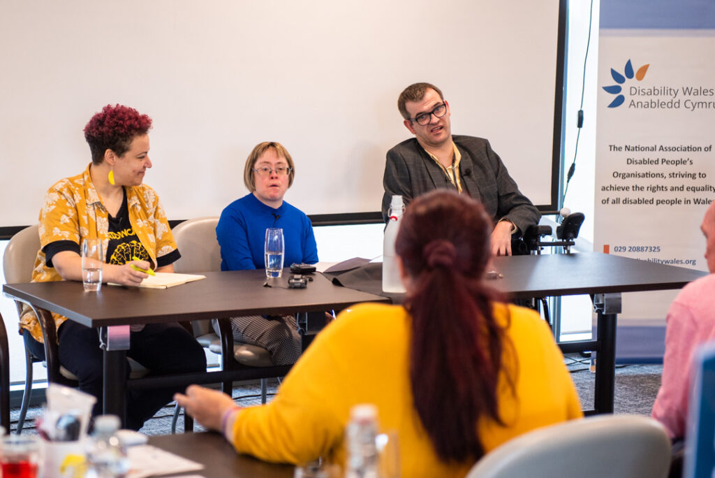Three of DW's Members sitting at a table for the Members Media Showcase with microphones in front of them. On the left, there is Selena Caemawr who has short curly red hair, wearing a yellow patterned shirt. In the middle is Sara Pickard who has short blonde hair, wearing glasses and a blue shirt. On the right is Lee Ellery who has short brown hair, wearing glasses, a yellow shirt and a black jacket. Behind them, there is a banner that reads "Disability Wales Anabledd Cymru" with the organisation's logo. Below the logo, there is text that says "The National Association of Disabled People's Organisations, striving to achieve the rights and equality of all disabled people in Wales." There is also a phone number and a website address on the banner. In the foreground, there is the back of a person who is part of the audience.