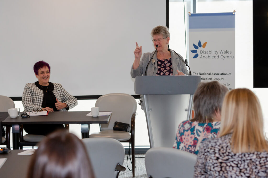 Jane Hutt MS standing behind a podium. She has short grey hair and is wearing glasses, a black floral top, and a grey blazer. She is speaking and gesturing with her hand, making a point during her speech. To her left is Dawn Bowden MS sitting by a table and smiling broadly. In the background, there is a banner that reads "Disability Wales" and "Anabledd Cymru" with the organisations logo. Below it says "The National Association of Disabled People's Organisations". In the bottom of the picture, you can see the back of the heads of some people who are in the audience, listening to the speech.