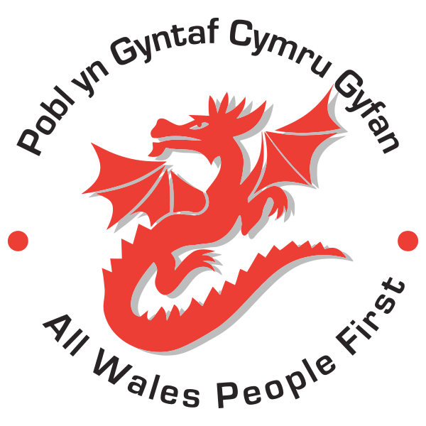 All Wales People First / Pobl yn Gyntaf Cymru Gyfan logo with a red dragon surrounded by circular bilingual text spelling out the organisation's name.