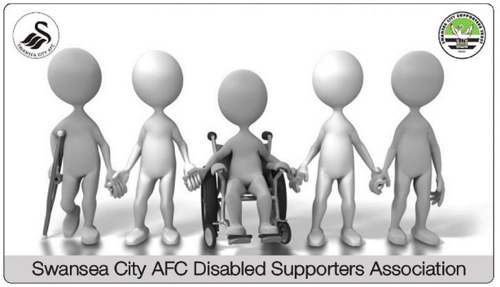 Swansea City AFC Disabled Supporters Association logo. A banner shows five stylised figures holding hands: one using crutches, one in a wheelchair, and three standing. The Swansea City AFC logos appear in the top corners.