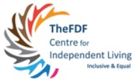 The FDF Centre for Independent Living logo with colourful abstract shapes forming a circular design on the left. Text on the right reads: 'The FDF Centre for Independent Living' and 'Inclusive & Equal.'