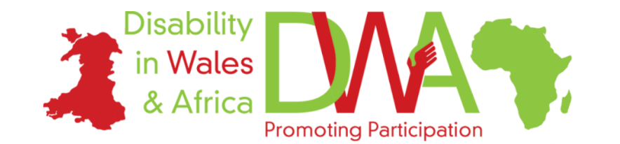 Disability in Wales & Africa logo with a red map of Wales, a green map of Africa, and text reading ‘Disability in Wales & Africa – DWA – Promoting Participation.’