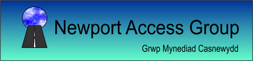 Newport Access Group logo with a circular image of a road leading to a blue sky, set against a gradient background that goes from blue to green. Black text reads: "Newport Access Group," with the Welsh translation “Grwp Mynediad Casnewydd” below.