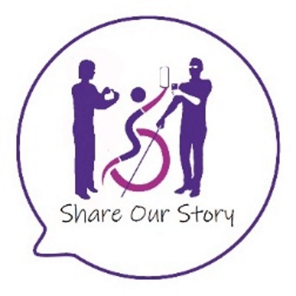 In an outline of a speech bubble, three stylised purple figures surround a pink and purple wheelchair symbol. One figure holds a communication device, another uses a white cane, and the text below reads 'Share Our Story'.