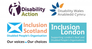 Logos of DPO partners: Disability Wales, Disability Action NI, Inclusion Scotland and Inclusion London