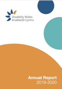 Disability Wales Annual Report front page. The DW logo is placed at the top left hand side of the page and the text 'Annual Report' is set in white writing on an orange background in the bottom right.