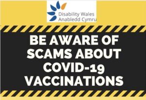 White text on a black background, it reads Be aware of scams about COVID-19 vaccinations.