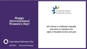 Happy International Women's Day, white text on a dark purple background . The IWD logo is underneath with the hashtags #IWD2021 and #ChooseToChallenge.