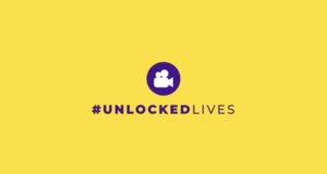#UnlockedLives logo in black against a bright yellow background. The logo shows a white cartoon of a video camera set in a black circle with the project title in black writing underneath