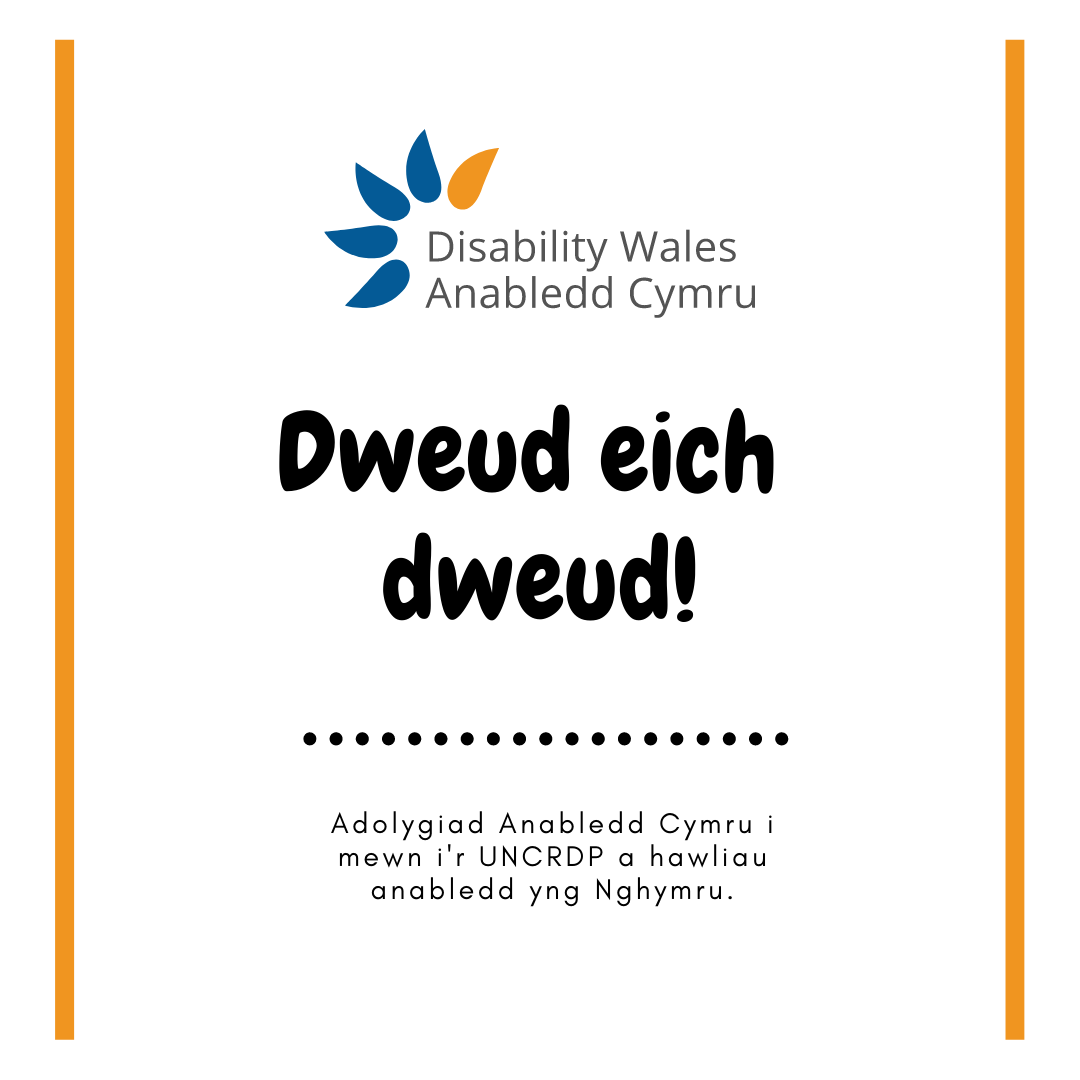 Ysgrifen du ar gefndir gwyn o dan logo Anabledd Cymru. Mae'r ysgrifen yn dweud: Dweud eich dweud, adolygiad Anabledd Cymru i mewn i'r UNCRDP a hawliau anabledd yng Nghymru