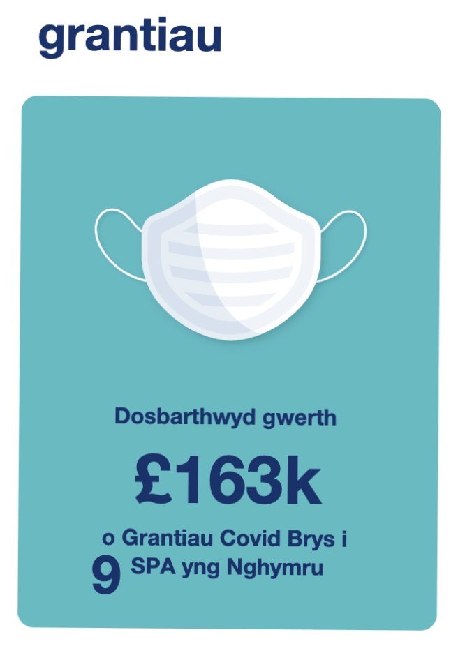 Ysgrifen glas tywyll ar gefndir goleuach sy'n dweud: Dosbarthwyd 163k o grantiau COVID-19 brys i 9 SPA yng Nghymru