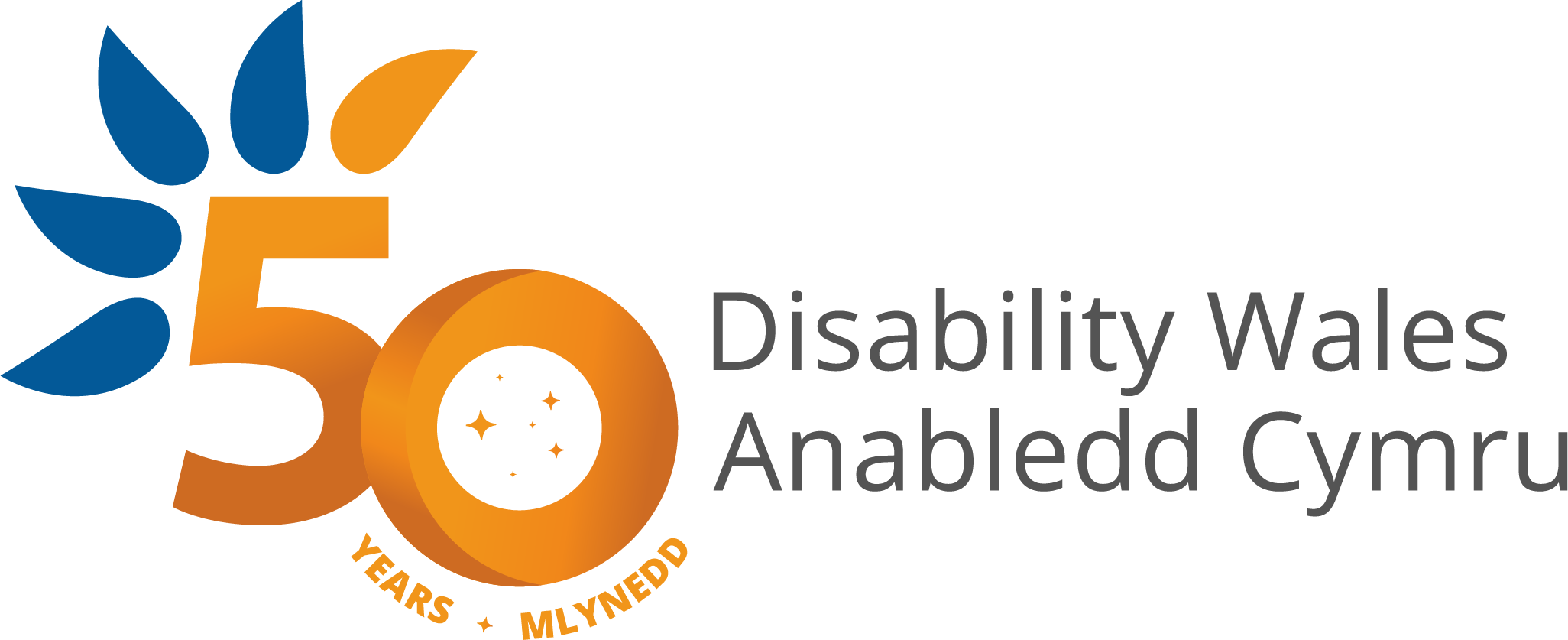 Disability Wales 50th anniversary logo with the numbers 50 in orange/gold colours. The words 'years' and 'mlynedd' curve around the bottom edge of the number 0. The organisation name is in English and Welsh on the right hand side of the numbers.