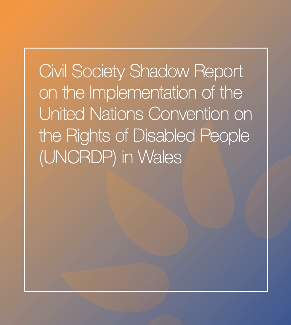 The words Civil Society Shadow Report on the implementation of the United Nations Convention on the Rights of Disabled People (UNCRDP) in Wales in white writing on a blurred mixed green and orange background