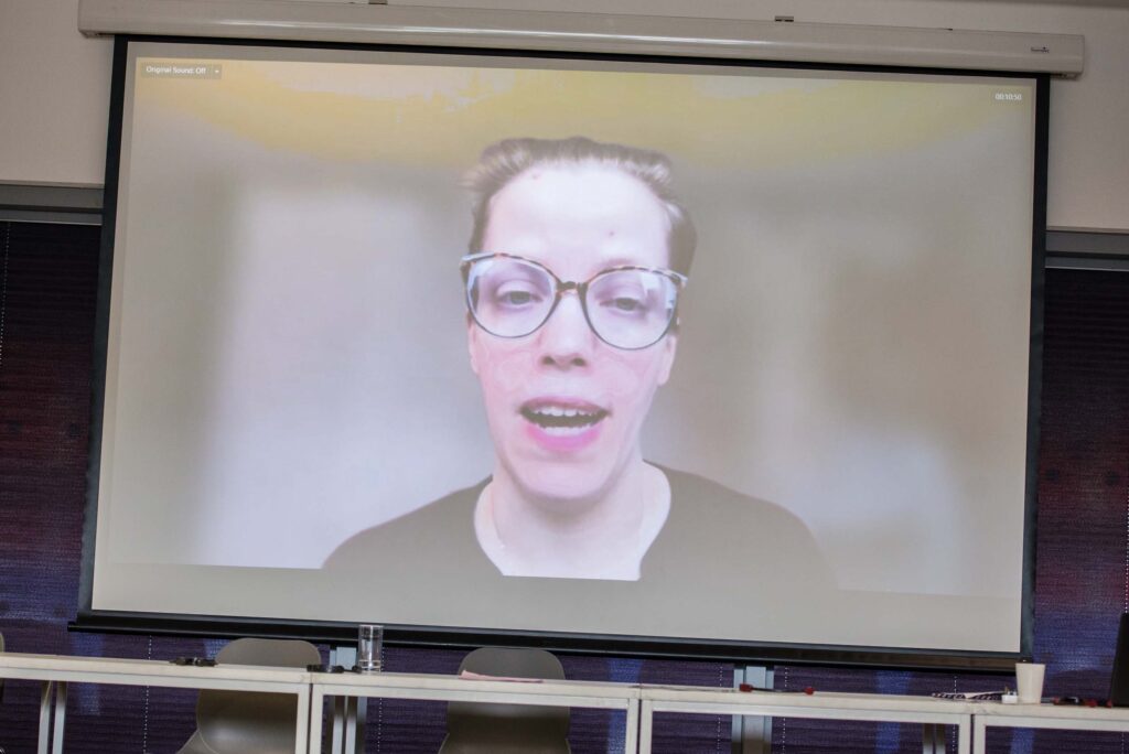 Equal Power Equal Voice mentor Grace Quantock speaking on-screen at the DW annual conference.