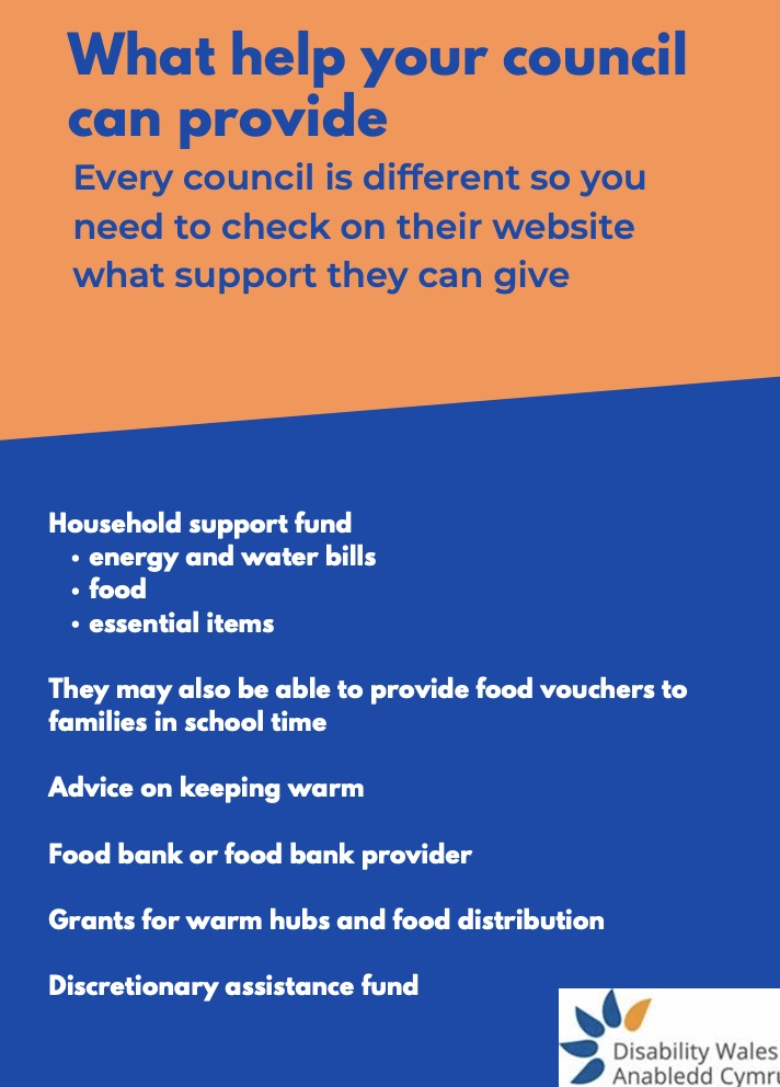 What help your council can provide factsheet front page which has black writing on an orange background on the top half of the page and white writing on a navy background on the bottom half. DW's logo is placed in the bottom right corner.