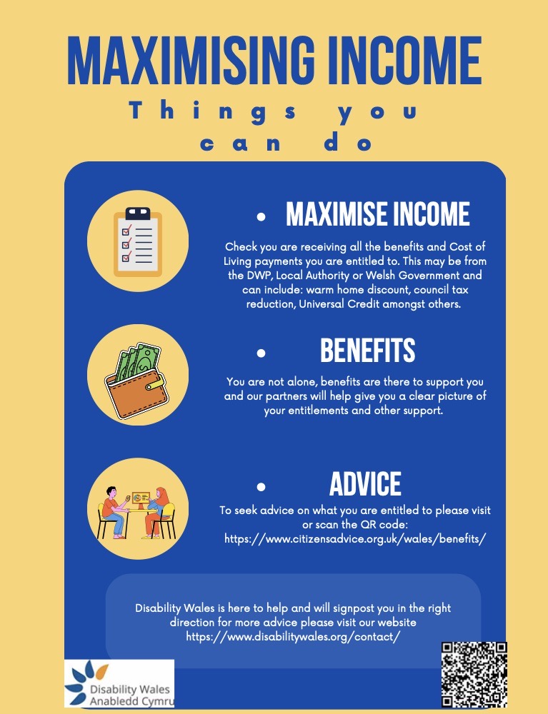 Maximising income factsheet front page. A yellow border frames a navy blue box which has snippets of information about maximising income, benefits and advice in white writing. DW's logo is placed in the bottom left corner of the box.