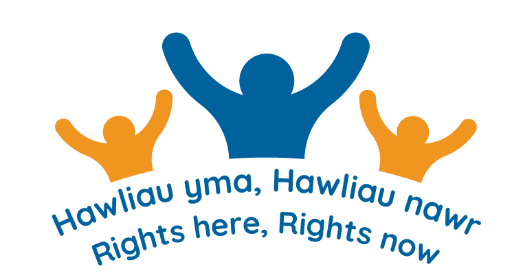 Three stylised figures with their arms in the air. Two orange figures flank a blue one in the centre. Underneath, the project title, 'Rights here, Rights Now' is written in Welsh and English.