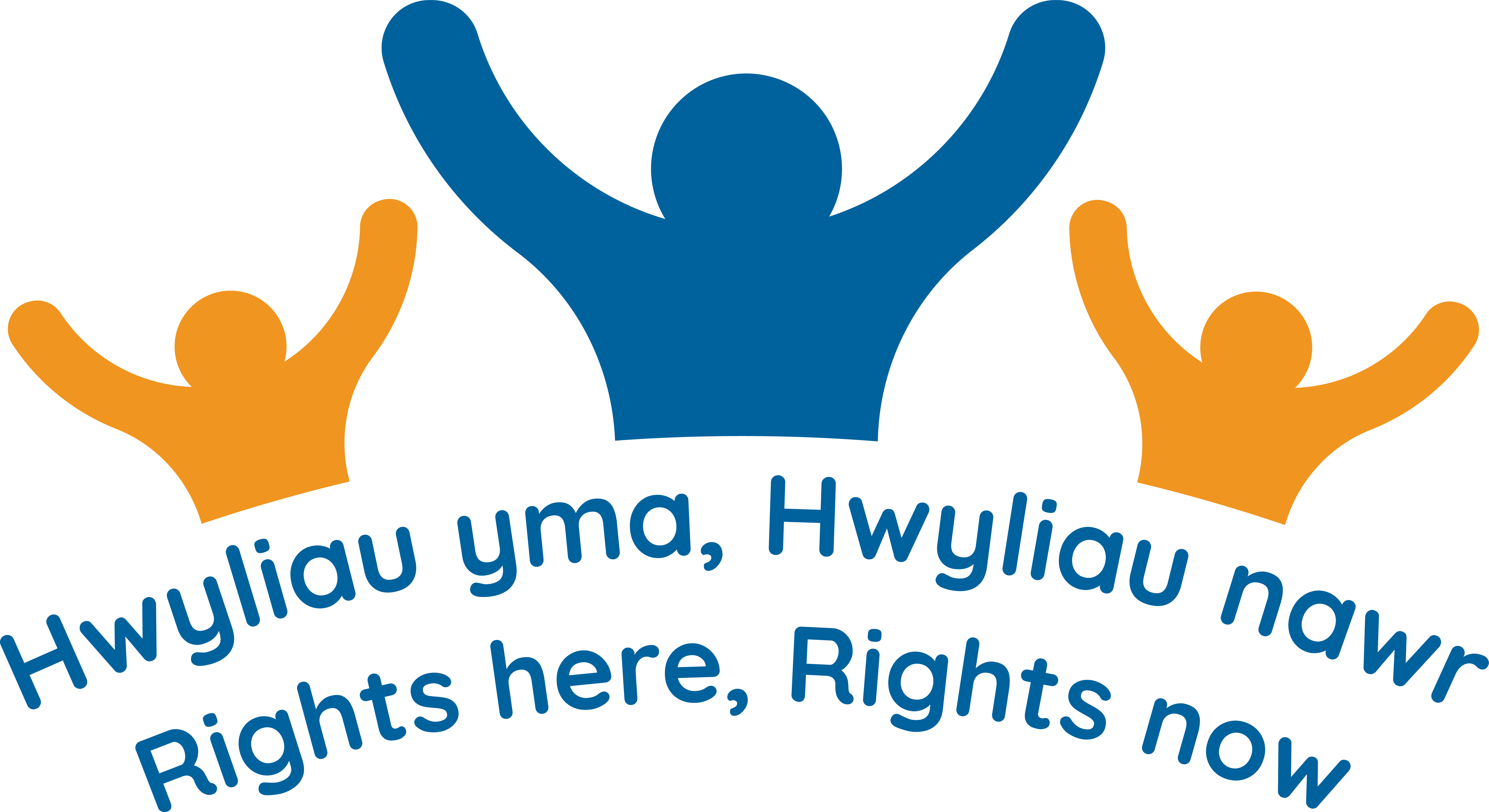 Rights Here, Rights Now logo which shows three silhouettes of people with their hands up in the air, two are orange with the one in the centre in navy. Underneath is the project title in Welsh and English also in a navy colour.