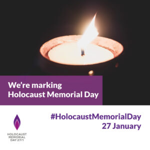 A lit candle against a dark background features above white text in a purple rectangle that reads 'We are marking Holocaust Memorial Day'. In the bottom right corner there is a hashtag and date #HolocaustMemorialDay 27 January. In the bottom left corner is the Holocaust Memorial Day Trust logo.