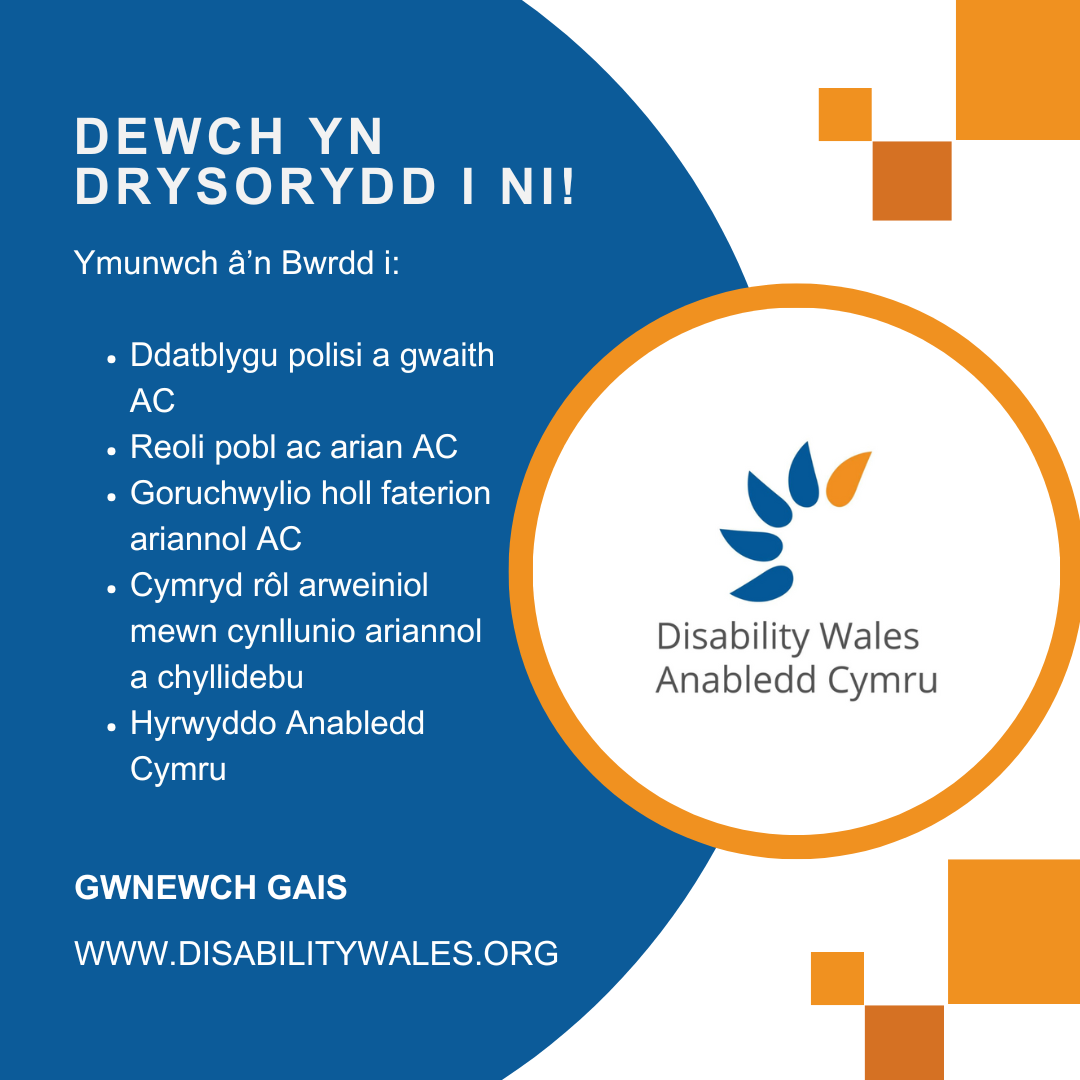 Testun gwyn ar gefndir glas tywyll sy'n darllen: Dewch yn Drysorydd i ni! Ymunwch â'n Bwrdd i: Ddatblygu polisi a gwaith AC. Reoli pobl ac arian AC. Goruchwylio holl faterion ariannol AC. Cymryd rôl arweiniol mewn cynllunio ariannol a chyllidebu. Hyrwyddo Anabledd Cymru. Gwnewch gais. www.disabilitywales.org. Mae logo AC wedi cael ei osod mewn cylch gyda border oren wrth ochr y testun ac mae tri sgwâr oren uwchben ac o dan y siâp.
