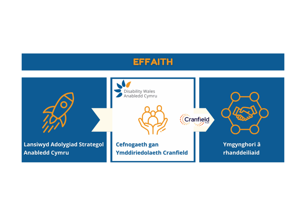 Graffeg o'r enw Effaith, wedi'i rannu'n dair colofn. Mae gan y cyntaf ysgrifen gwyn ar gefndir glas sy'n darllen: Lansiwyd Adolygiad Strategol Anabledd Cymru. Mae gan y golofn ganol ysgrifen ddu ar gefndir gwyn sy'n dweud: Cefnogaeth gan Ymddiriedolaeth Cranfield. Ac mae gan y drydedd golofn ysgrifen wen ar gefndir glas sy'n darllen: Ymgysylltu â rhanddeiliaid.