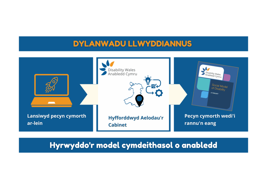 Graffeg o'r enw Dylanwadu Llwyddiannus. Mae wedi'i rannu'n dair colofn. Mae'r golofn ganol yn wyn gyda'r ddwy ar y naill ochr a'r llall iddi yn lliw logo glas AC. Mae'r golofn gyntaf yn nodi: Lansiwyd pecyn cymorth ar-lein. Mae'r golofn ganol yn dweud: Hyfforddiant wedi'i ddarparu i aelodau'r Cabinet. Ac mae'r golofn olaf yn dangos tudalen flaen Pecyn Cymorth y Model Cymdeithasol gyda thestun oddi tano yn dweud: Pecyn Cymorth wed'i rannu'n eang. O dan y colofnau mae llinell sy'n darllen 'Hyrwyddo'r Model Cymdeithasol o Anabledd'.