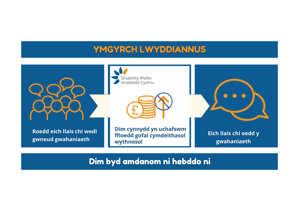 Graffeg o'r enw Ymgyrch lwyddiannus. Mae wedi'i rannu'n dair colofn, y canol â chefndir gwyn a'r ddwy ar y naill ochr a'r llall yn lliw logo glas AC. Mae'r golofn gyntaf yn nodi: Gwnaeth eich llais wahaniaeth. Mae'r golofn ganol yn dweud 'Dim cynnydd yn y tâl gofal cymdeithasol wythnosol uchaf', ac mae'r golofn olaf yn dweud Gwnaeth eich llais y gwahaniaeth. Mae'r testun o dan y colofnau'n darllen: Dim byd Amdanom Ni Hebddon Ni.
