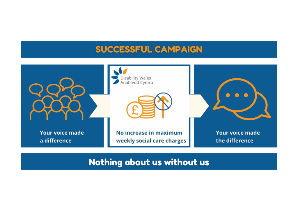 A graphic titled Successful campaign. It's split into three colums, the centre having a white background with the two on either side in DW's trademark blue logo colour. The first column states: Your voice made a difference. The centre column says 'No increase in maximum weekly social care charge, and the final column says Your voice made the difference. Text below the columns reads: Nothing About Us Without Us.
