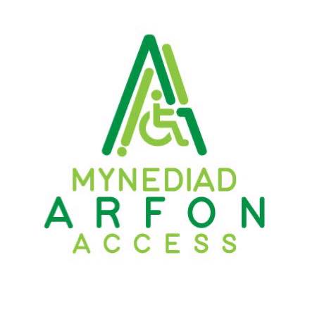 Mynyddiad Arfon Access logo with green stylised lines forming an 'A' shape, incorporating an accessibility symbol. Text below reads: “MYNEDIAD ARFON ACCESS.”