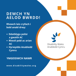 Testun gwyn ar gefndir glas tywyll sy'n darllen: Dewch yn Aelod Bwrdd! Rhowch lais cryfach i bobl anabl drwy: Ddatblygu polisi a gwaith AC. Rheoli pobl ac arian AC. Hyrwyddo Anabledd Cymru. Ymgeisiwch nawr. www.disabilitywales.org. Mae logo AC wedi’i osod mewn cylch gyda bordor oren wrth ochr y testun ac mae tri sgwâr oren uwchben ac o dan y siâp.