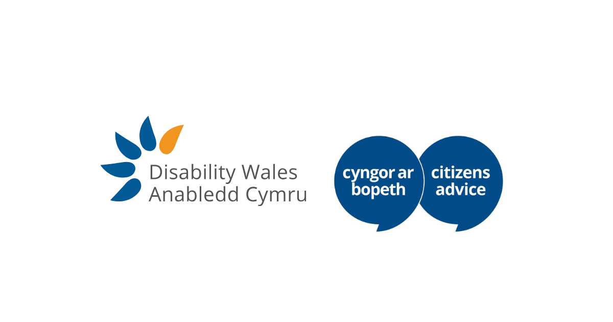 Bilingual Disability Wales and Citizens Advice logos side by side. The DW logo has five spirals, four in navy and one in orange, surrounding the first letters of the organisation name in English and Welsh. The Citizens Advice logo shows the organisation name in white writing in a blue speech bubble.